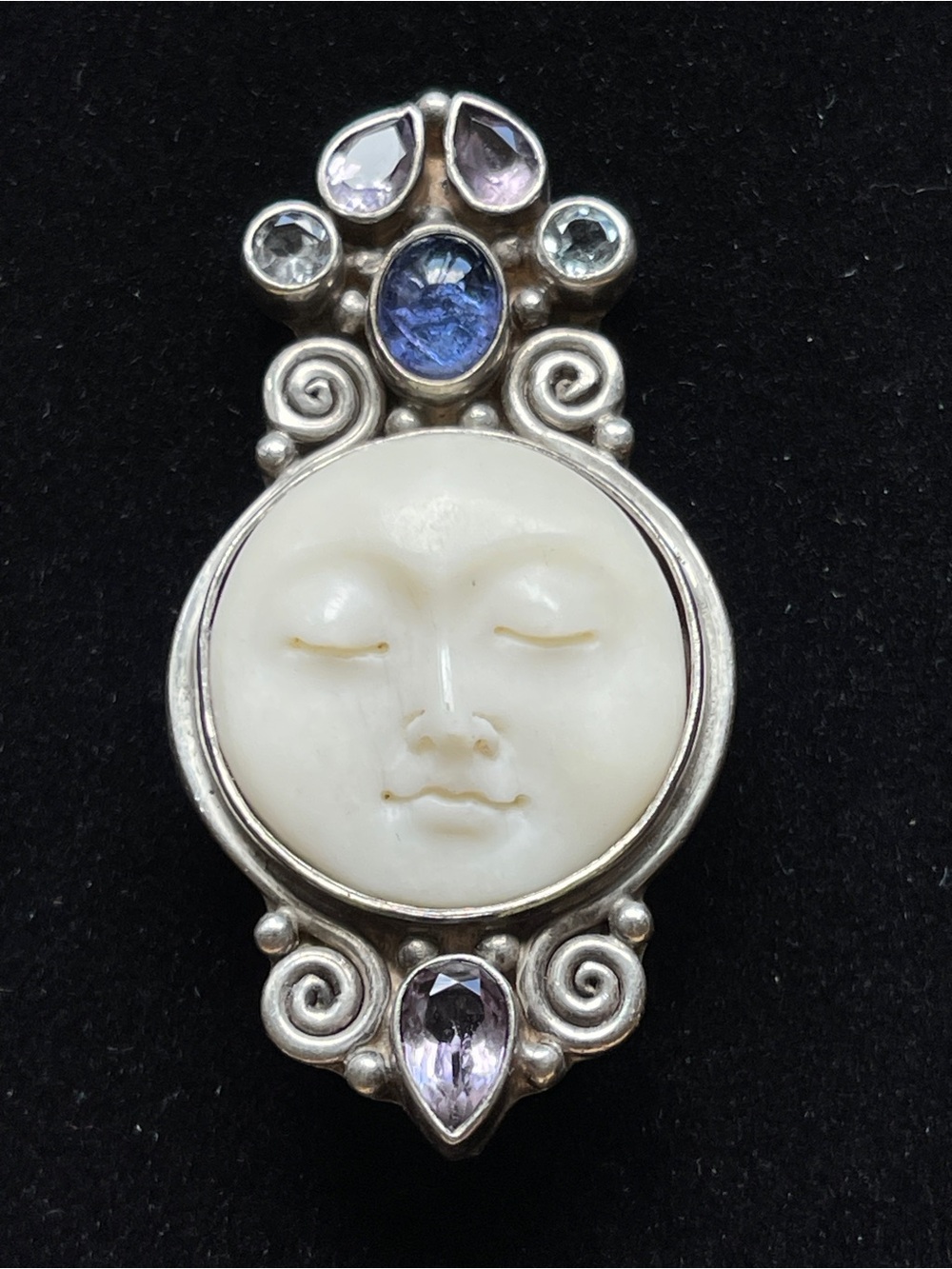 Vintage Sajen Carved Moon Face Brooch/Pendant w/Tanzanite, Topaz, Amethyst 925